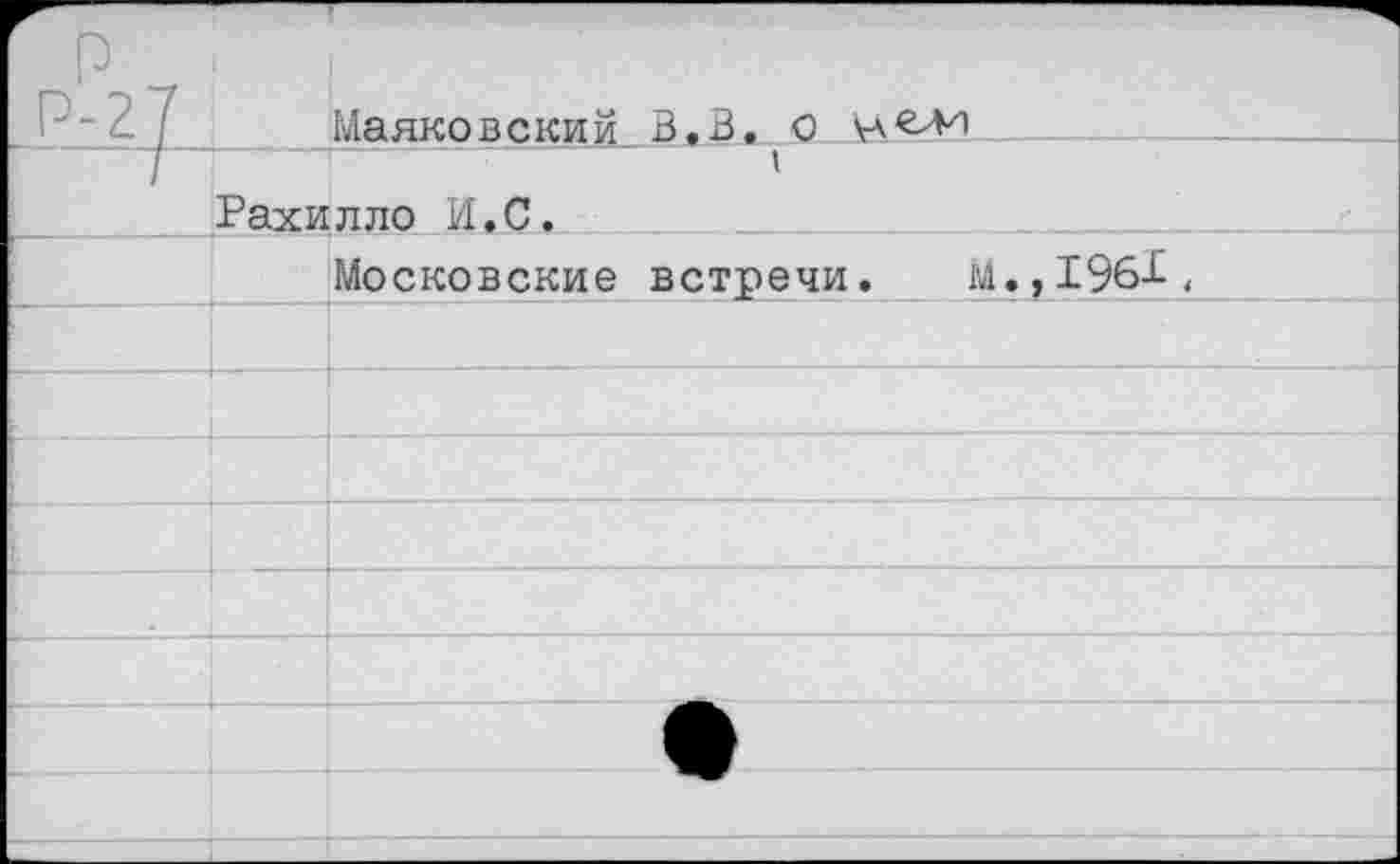 ﻿Маяковский В.З.^о у-лели Рахилло И.С.
Московские встречи. и.,1961.